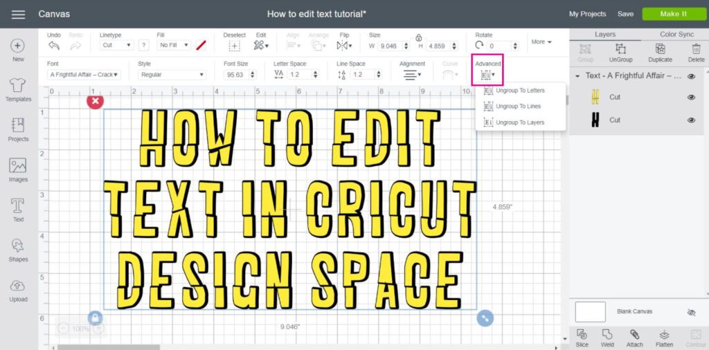 Screenshot of Advanced Options in Cricut Design Space