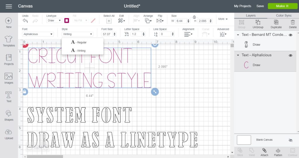 Screenshot showing the difference between Cricut Fonts and System Fonts in Cricut Design Space