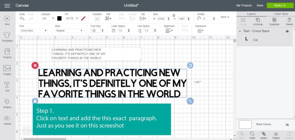 Tutorial Screenshot of step 1 - add text in Cricut Design Space