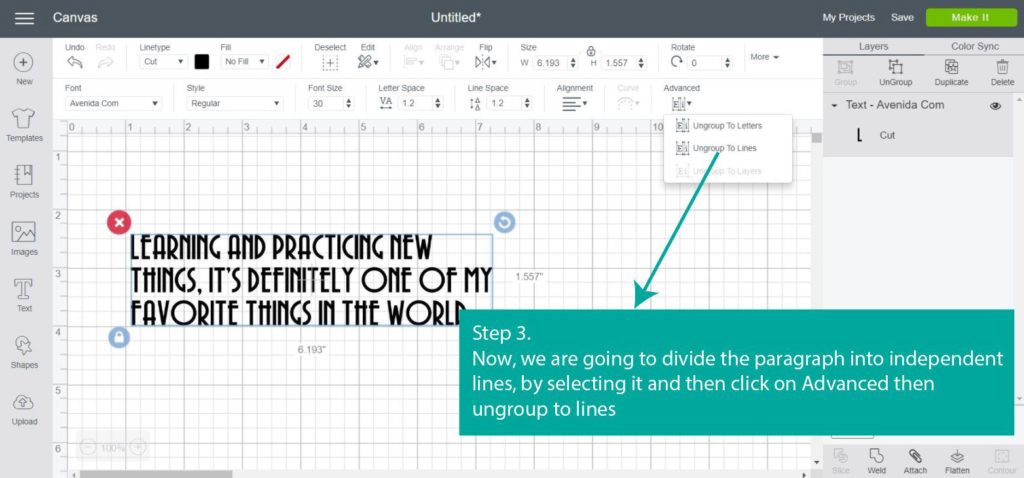 Tutorial Screenshot of - Step 3 Ungroup to lines - in Cricut Design Space