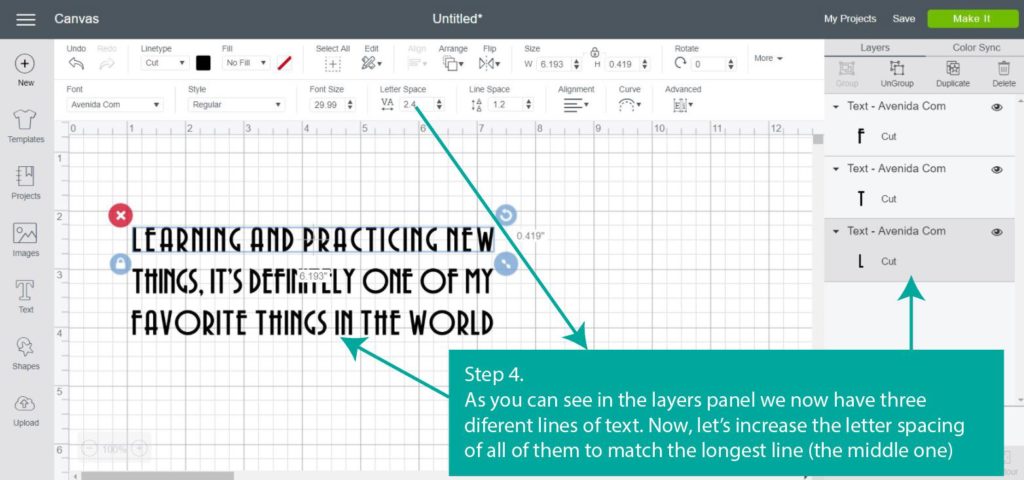 Tutorial Screenshot of -Step 4 - Use Letter Spacing - in Cricut Design Space