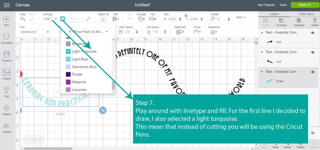 Tutorial Screenshot of Step 7 - Let's play with Linetype & Fill / Draw Linetype / in Cricut Design Space
