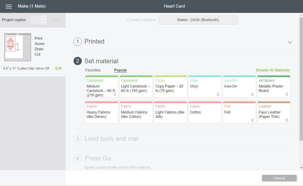 Screenshot to select desired materials