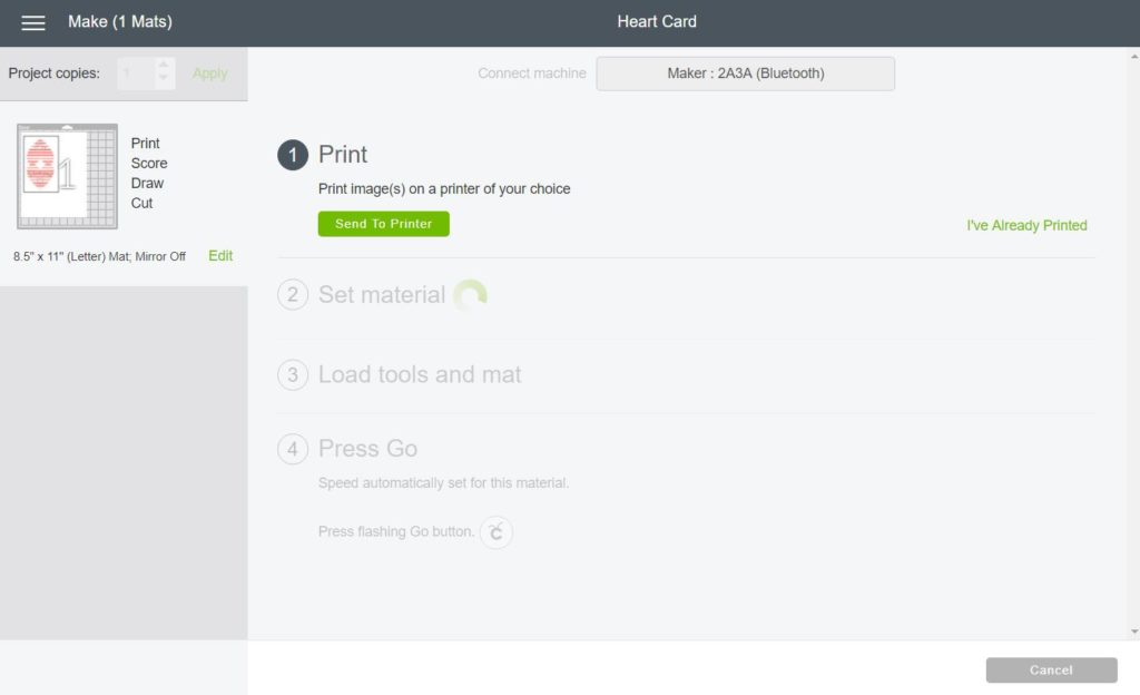 Screenshot of sending your design to your printer.