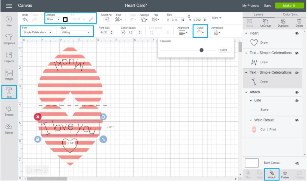Screenshot of features used to make a heart shaped card in Cricut Designs Space