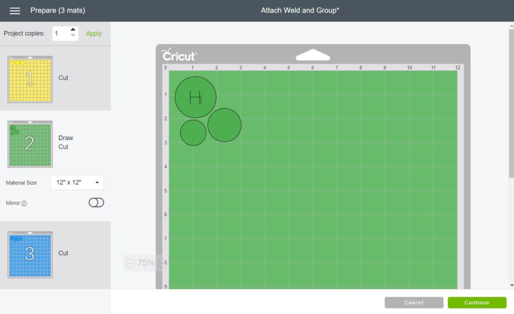 Screenshot of cutting an attached design in Cricut Design Space