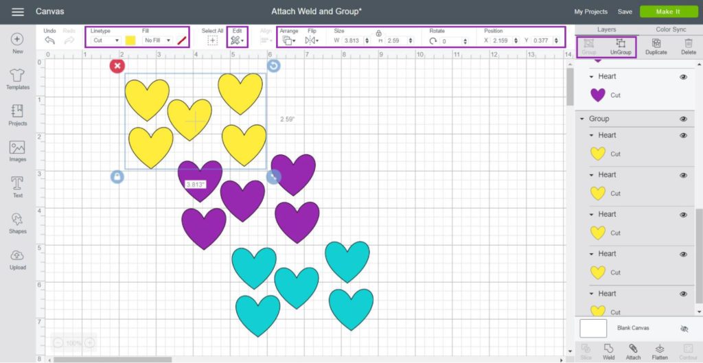 step by step on how to use group in Cricut Design Space