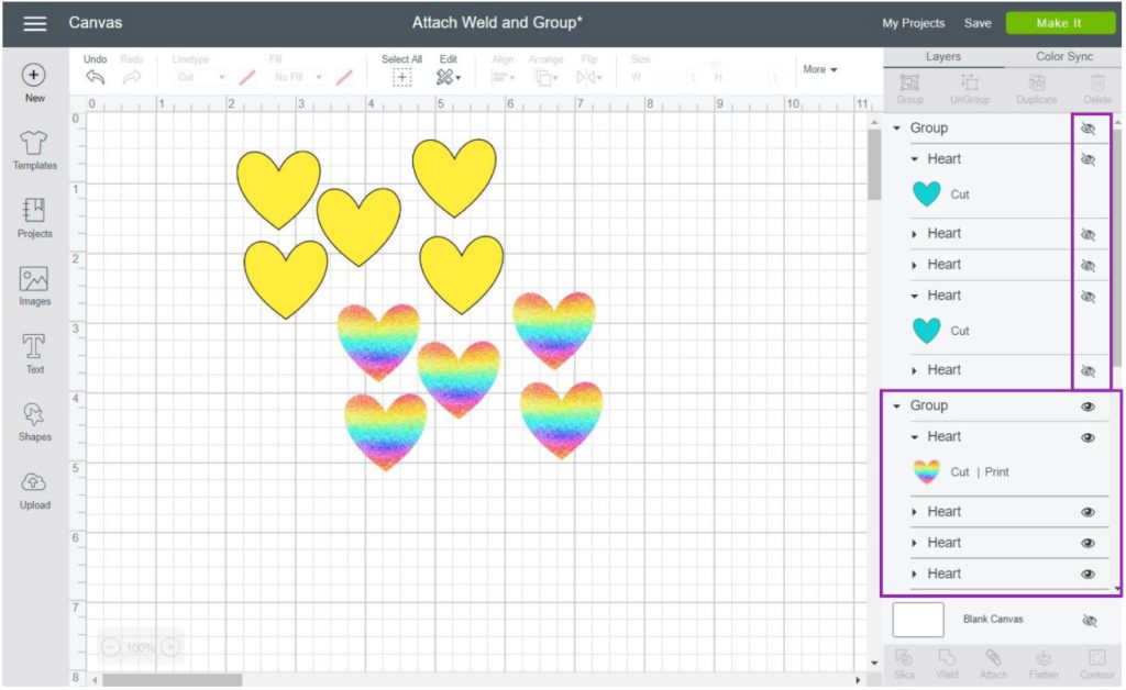 Example of things done with grouped elements in Cricut Design Space