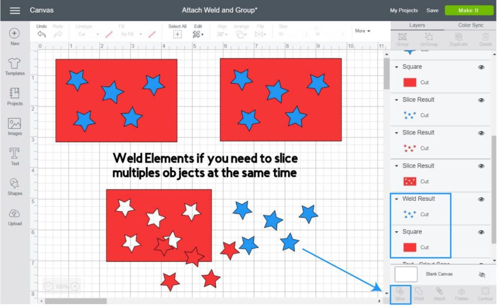 step by step on how to use weld in Cricut Design Space when you need to slice multiple things out.