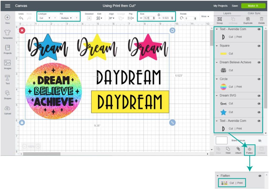 Flatten all elements you want to cut on Cricut Design Space before Printing and Cutting.