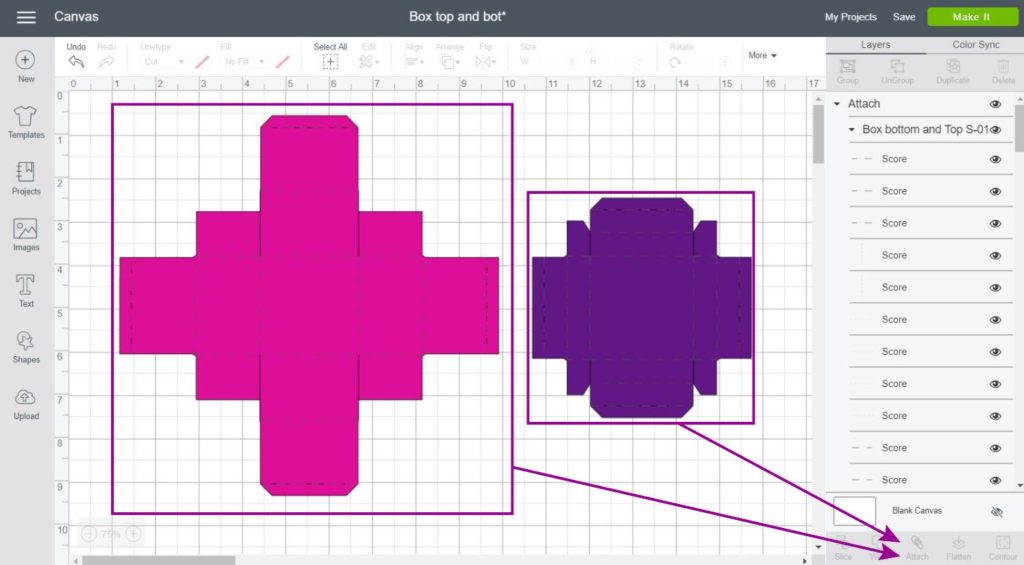 Screenshot of attaching score and cutting lines of the Top and Bottom box
