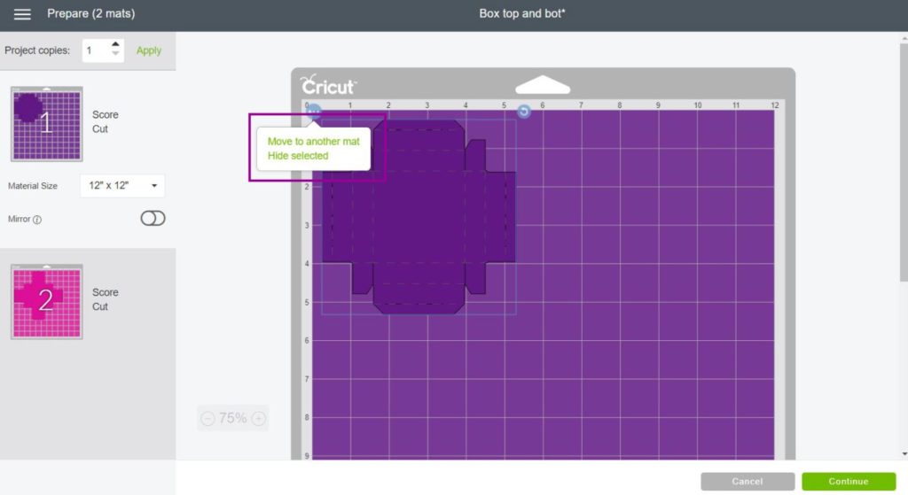 Screenshot of moving cover of the box to a different Cricut Mat
