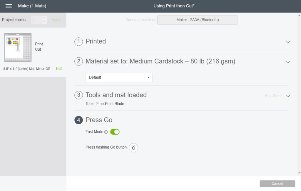 Screenshot to select material, install blade, and go in Cricut Design Space