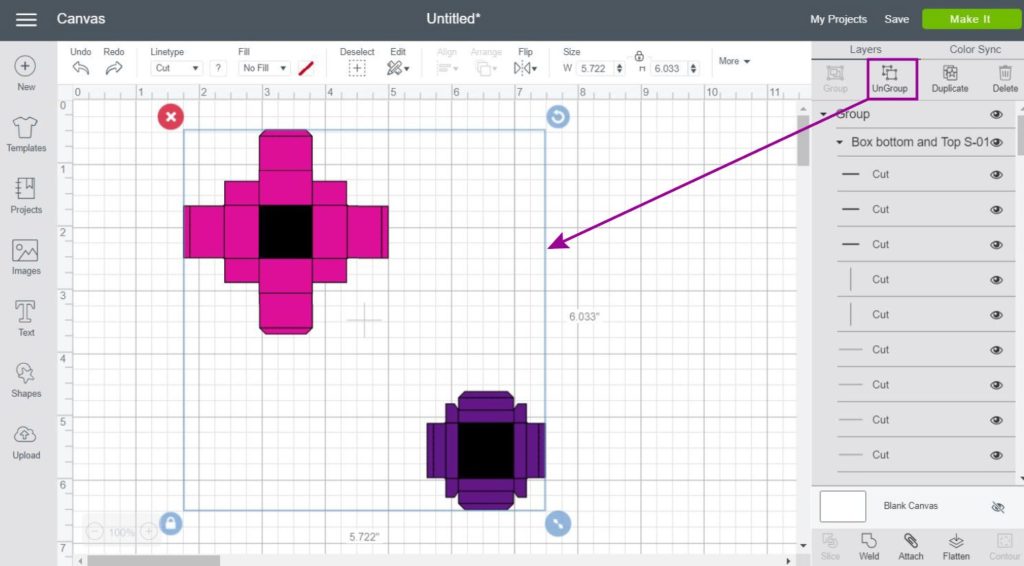 Screenshot of Top and Bottom box uploaded on the canvas area. Ungroup action