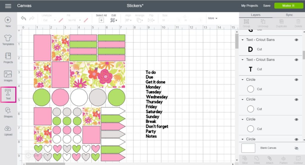 Cricut Design Space Screenshot: add text to your stickers