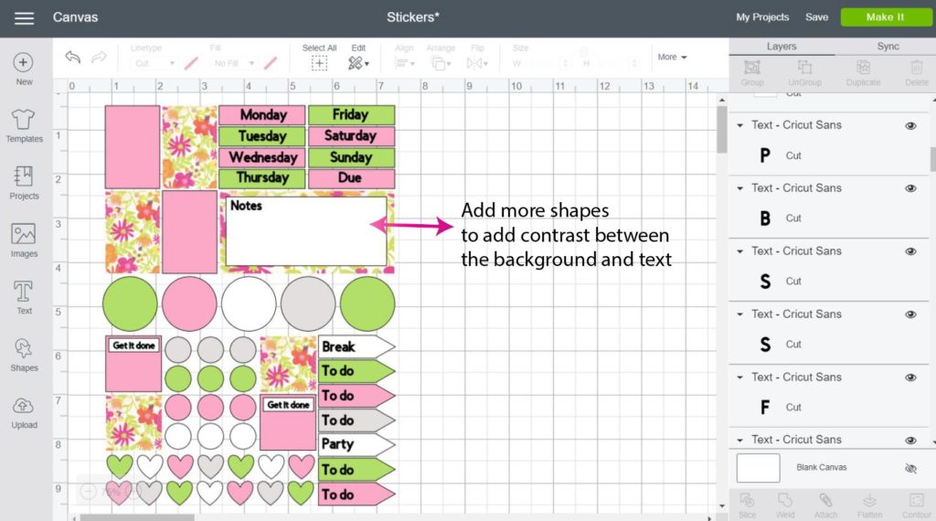 Cricut Design Space Screenshot: place text on your stickers and add mores shapes for contrast