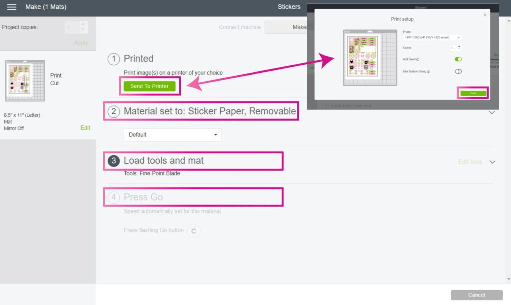 Send your stickers to print, set the materials and load tools and mat.