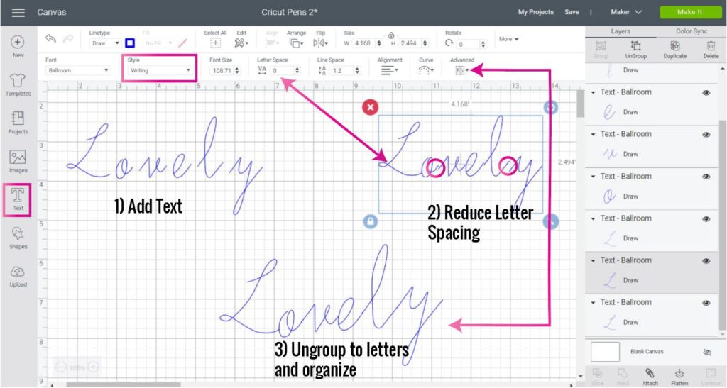 Screenshot Design Space: Fixing cursive fonts to use with Cricut Pens.