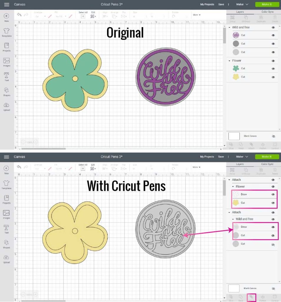 Screenshot Design Space: Using Cricut Pens with multi layer images. More examples.