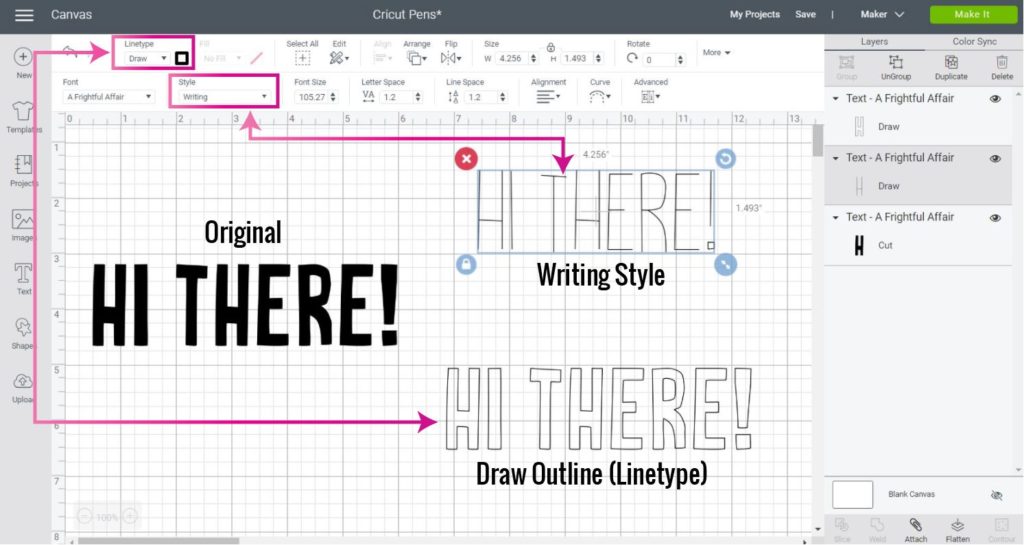 Screenshot Design Space: Use Cricut pens with writing or outlined fonts.