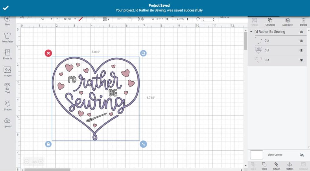 Project Saved Confirmation in Cricut Design Space Desktop