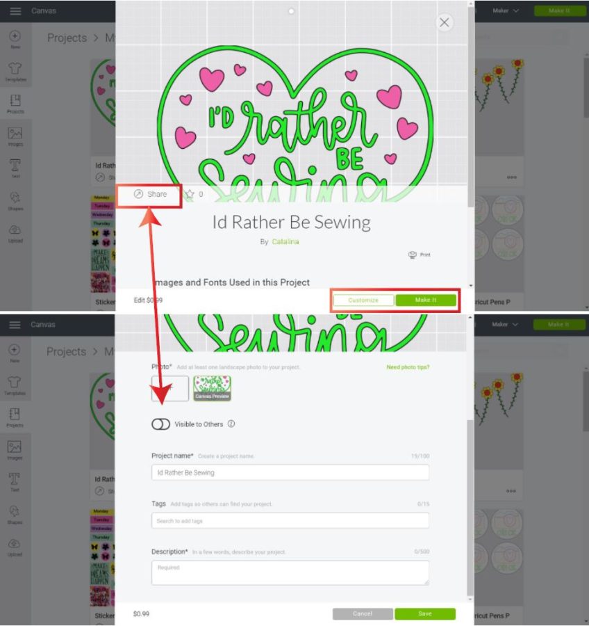 how to edit the sharing settings and customize a project in Cricut Design Space Desktop