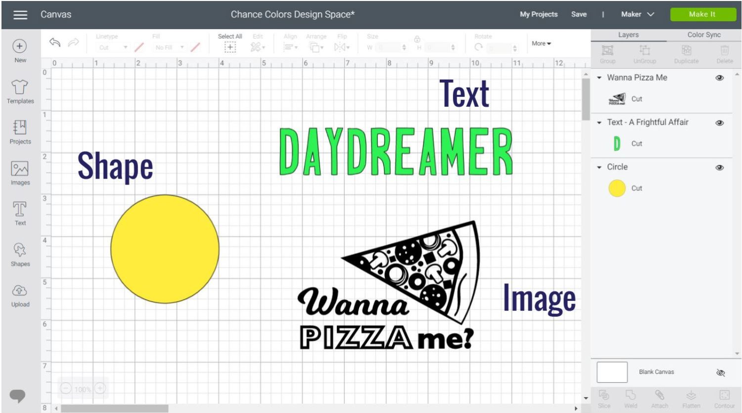 Different types of layers you can add color to in Cricut Design Space