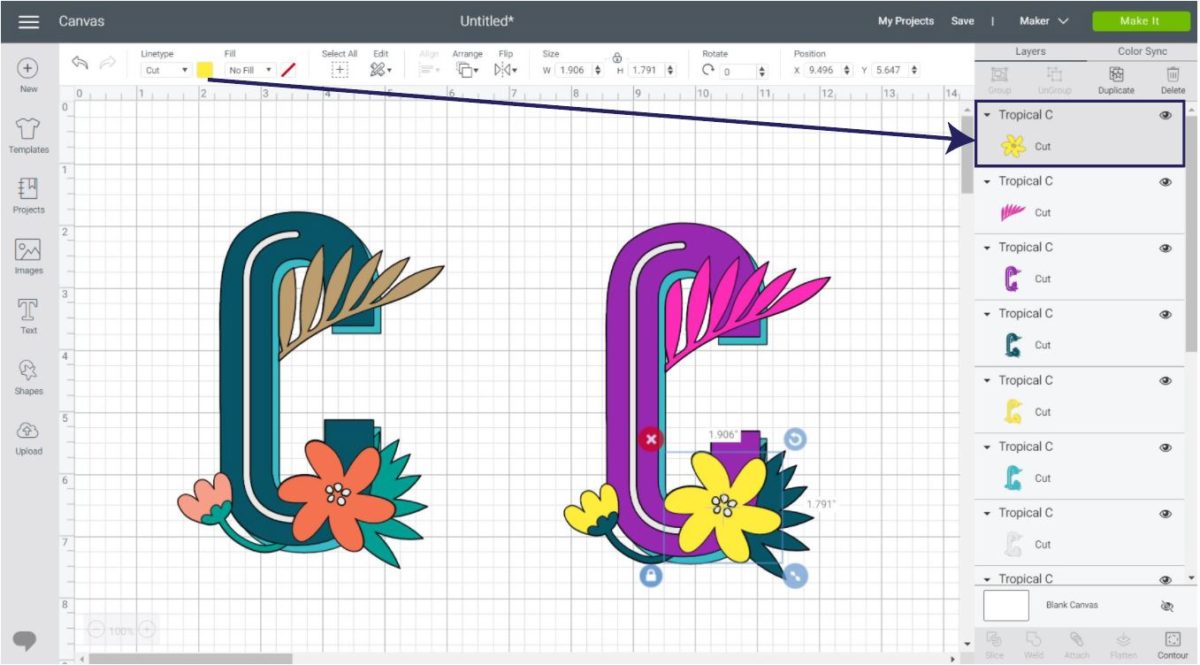 Changing colors of a multi-layer image in Cricut Design Space