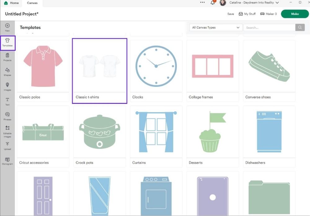 selecting t-shirt template in Cricut Design Space