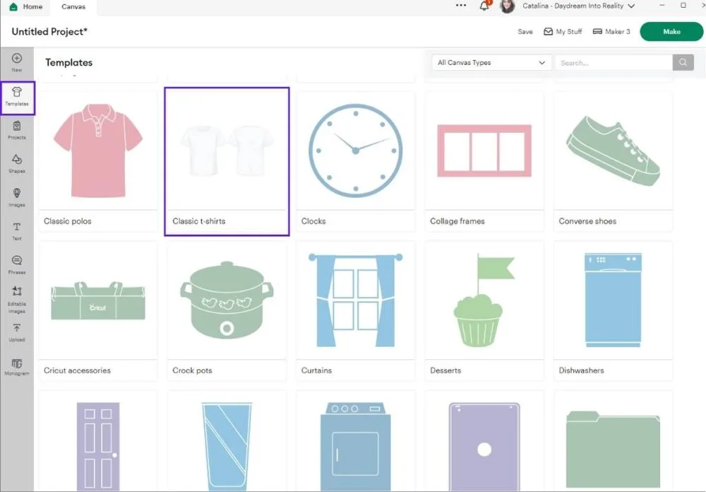 selecting t-shirt template in Cricut Design Space
