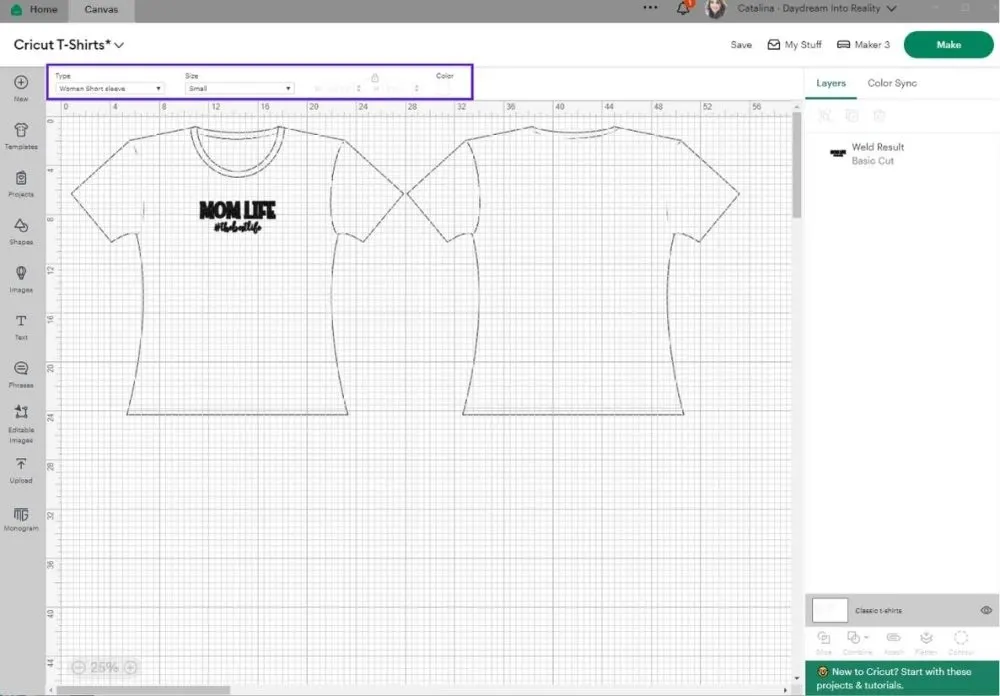 changing template setting in Cricut Design Space