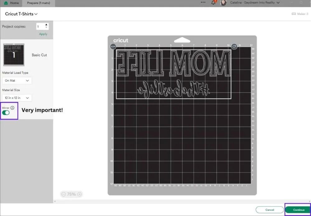 mat preview and mirror design for t-shirt in Cricut Design Space