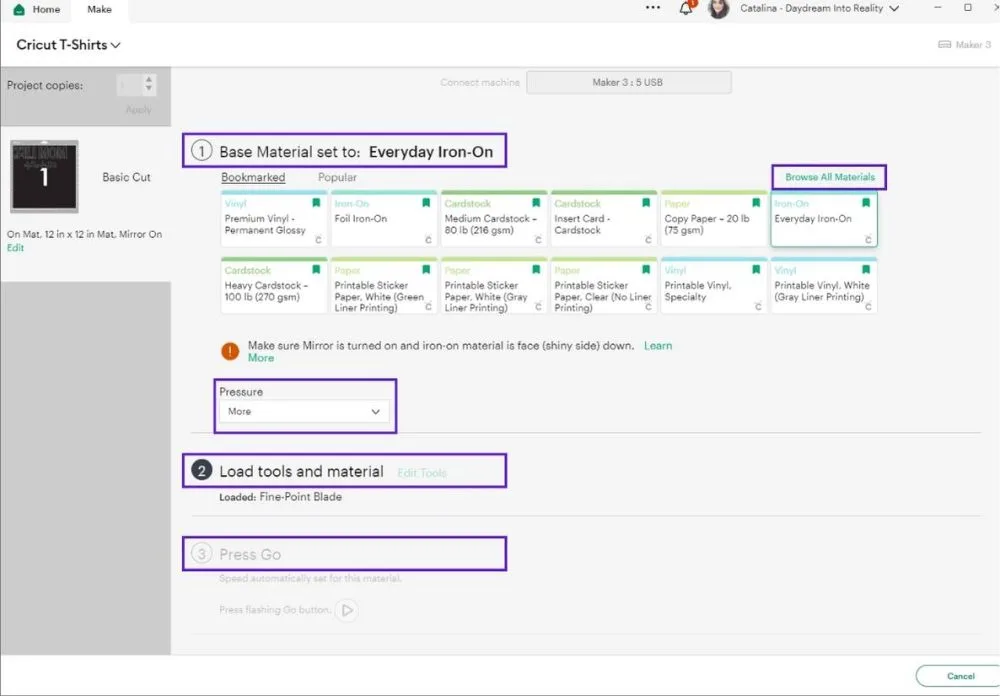 selecting Iron-on material in Cricut Design Space