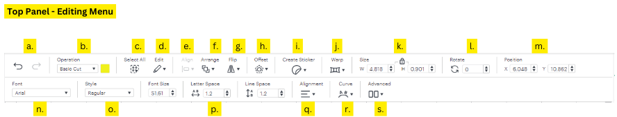 Cricut Design Space - top panel - editing menu