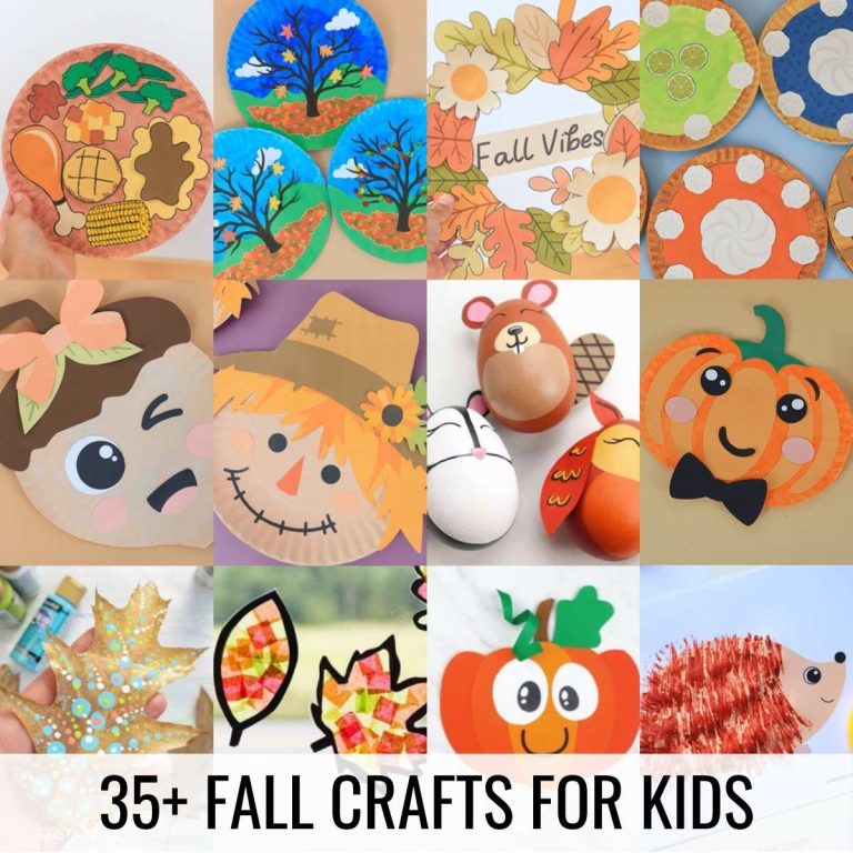 Fall Crafts for Kids Featured Image with a variety of thumbnails showcasing the activities. 1:1 Ratio