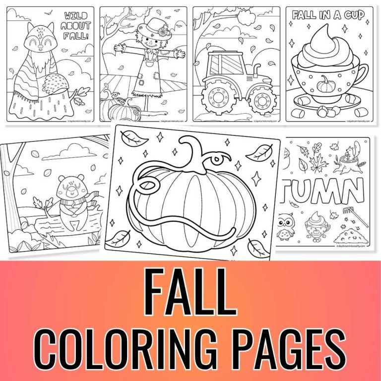 free printable fall coloring pages for kids, cute autumn worksheets with pumpkins, scarecrows, fox, tractor, and turkey