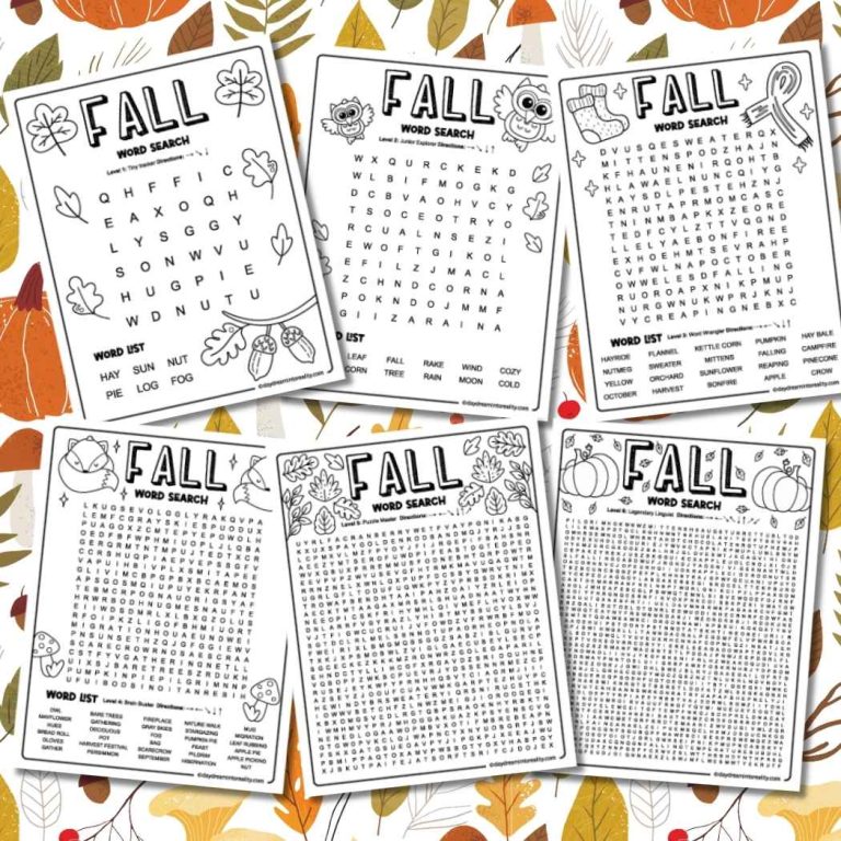 printable fall word search bundle with six levels of difficulty for kids and adults