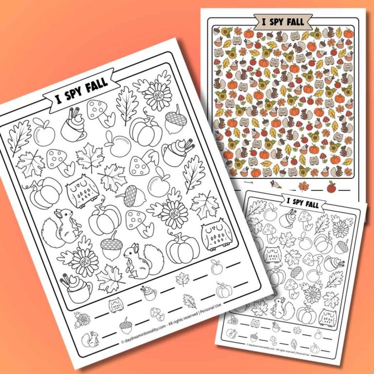 Free I Spy Fall activity printables for kids and families. Autumn themed worksheets available in coloring and color versions, with three levels of difficulty and answer keys.
