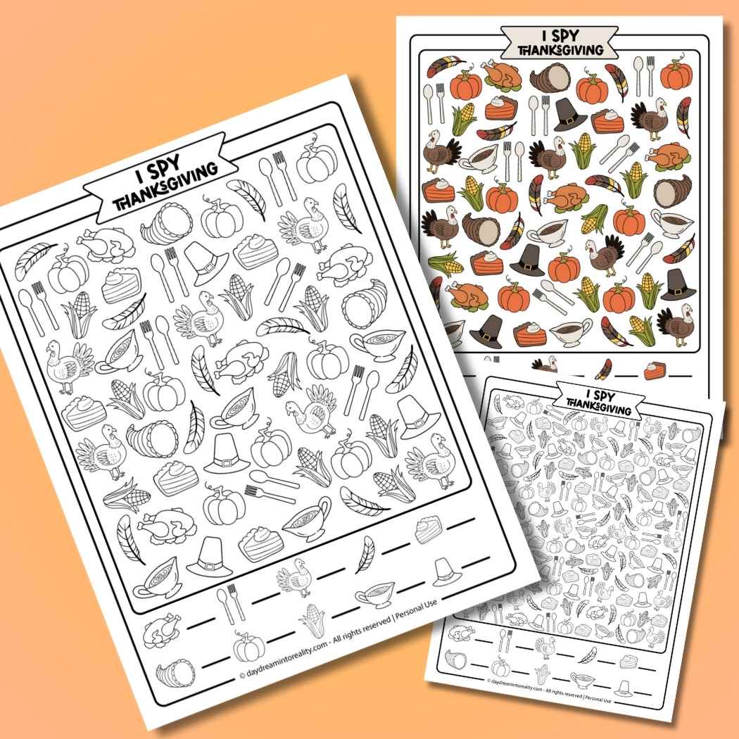 I Spy Thanksgiving free printable pack with holiday worksheets in color and black and white. Three difficulty levels for preschool, elementary, and adults. Answer sheets included.