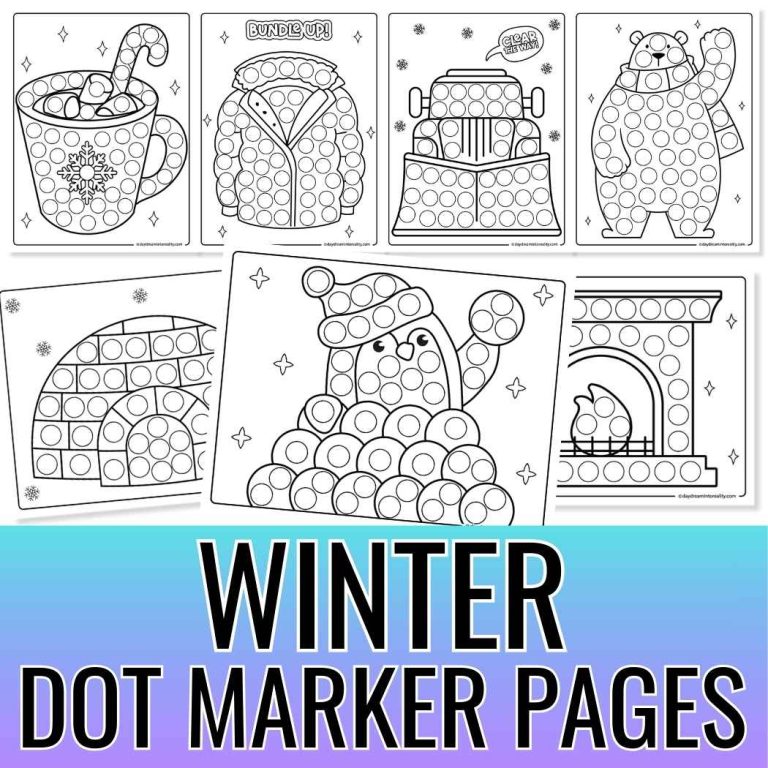 Winter dot marker pages printable square preview featuring winter dot marker coloring activities for toddlers, preschoolers, and kids