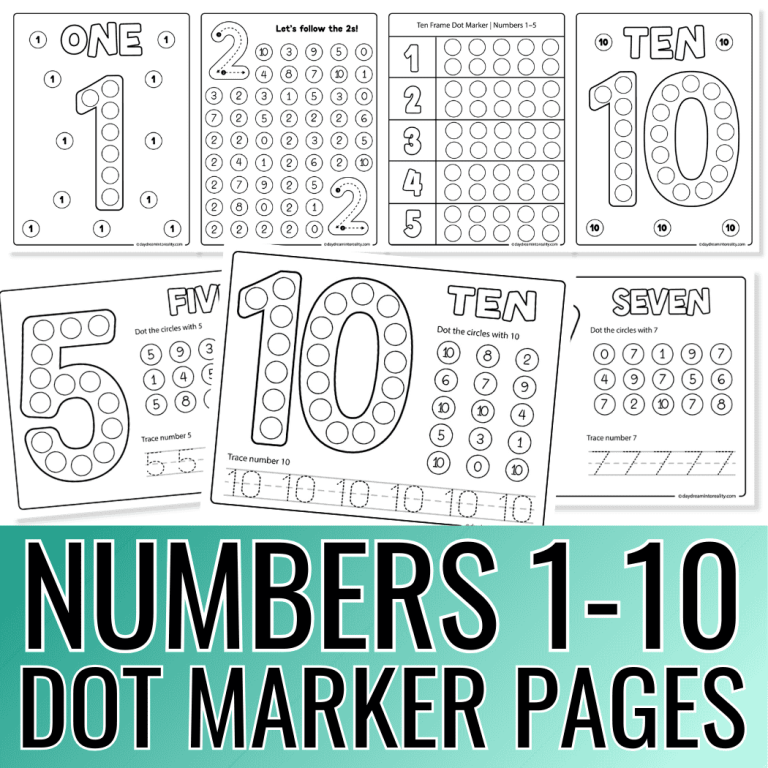 Numbers 1–10 dot marker printables for preschool and kindergarten including big number dot pages, tracing sheets, ten frame activities, and number maze challenges.