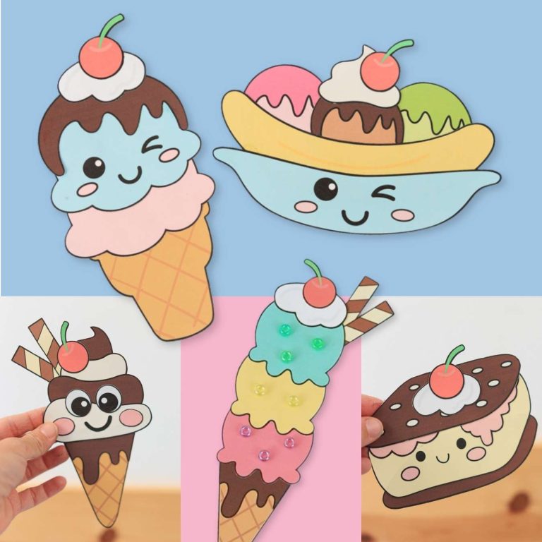 Easy ice cream craft for kids featuring printable paper ice cream cones, banana split, soft serve, and ice cream sandwich summer craft templates.