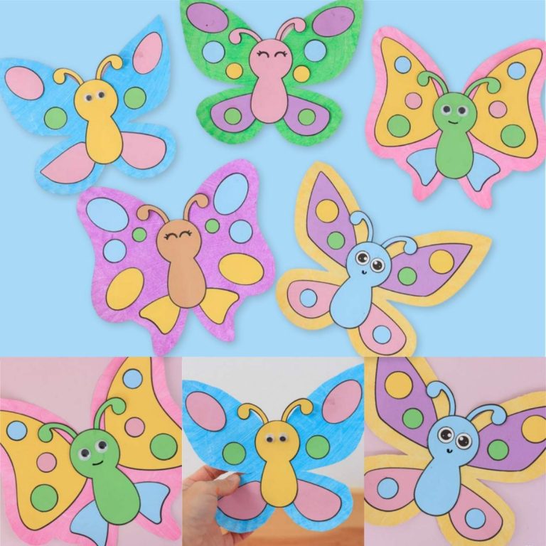 Multiple butterflies made out of paper plates.