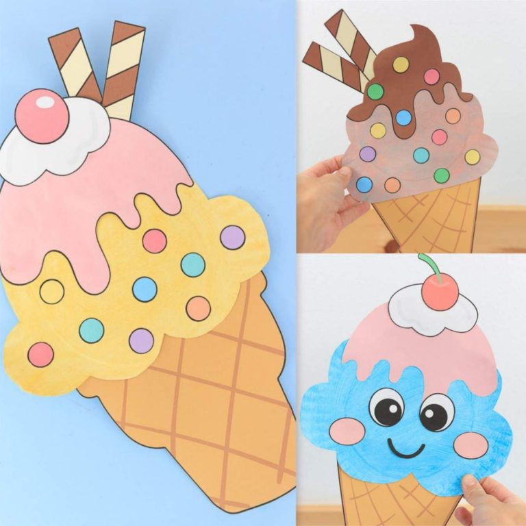 Paper plate ice cream craft for kids with colorful scoops, sprinkles, and waffle cones.