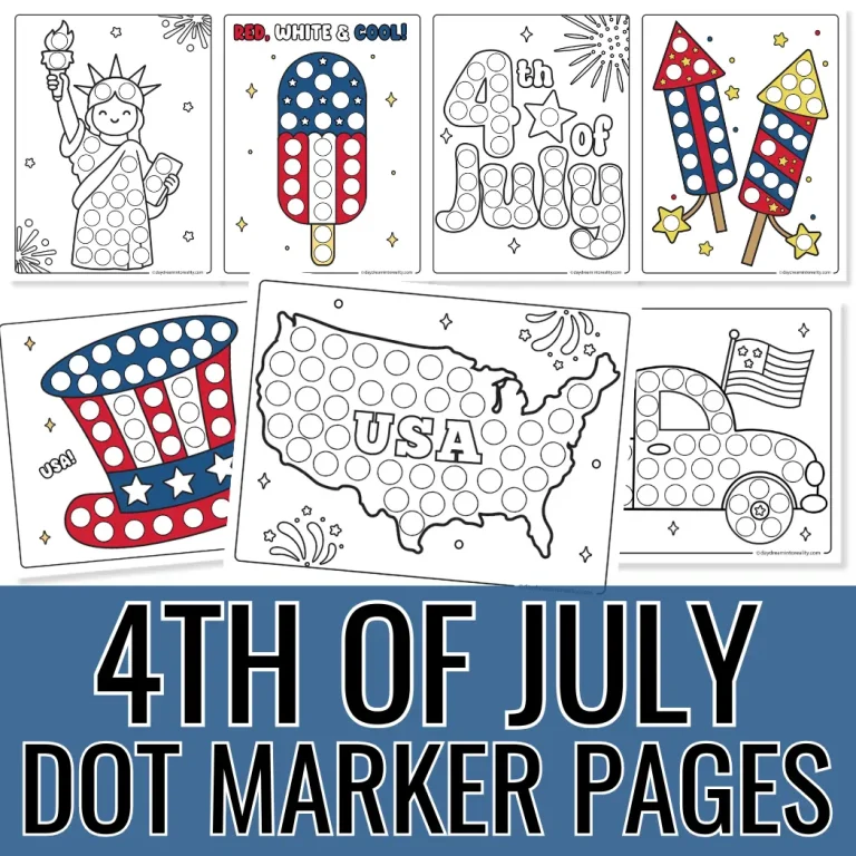 4th of July dot marker printables featuring patriotic symbols, fireworks, food, and American icons. Easy PDF downloads!