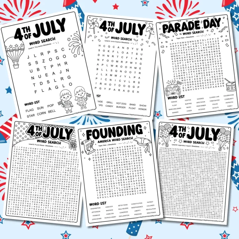 Printable 4th of July word search collection featuring 15 Independence Day puzzles across multiple difficulty levels. Includes easy word searches for kids, patriotic word searches, American history puzzles, topic-themed challenges, and a giant 100-word word search for adults.