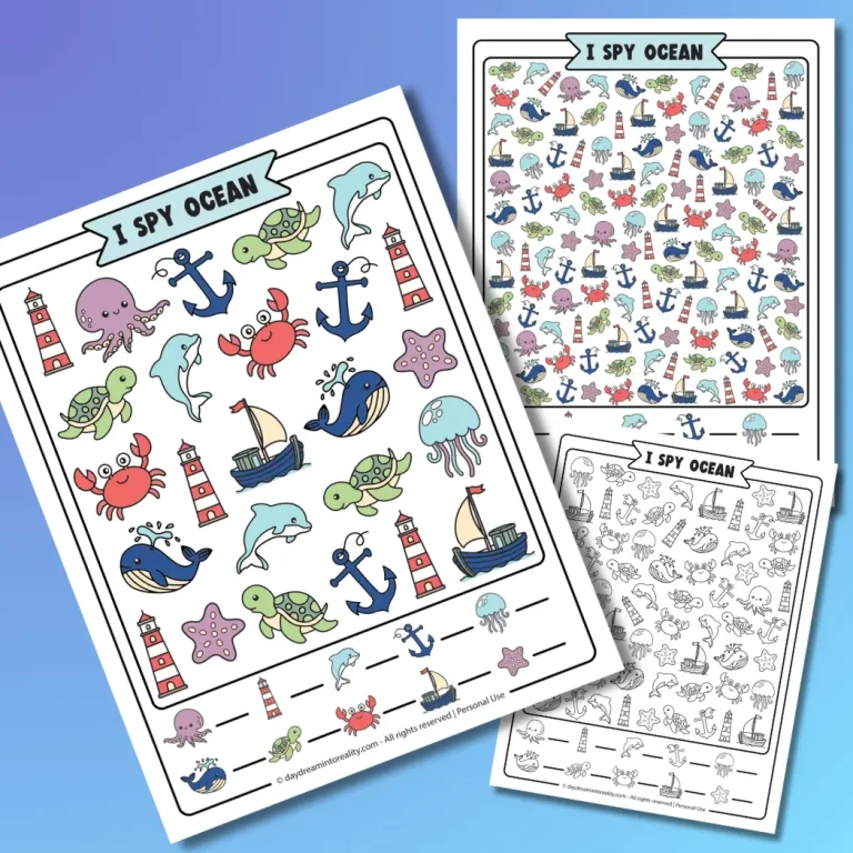 Ocean I Spy printable PDF featuring sea animals and ocean objects with color and black and white worksheets for preschool, kindergarten, and early elementary kids.