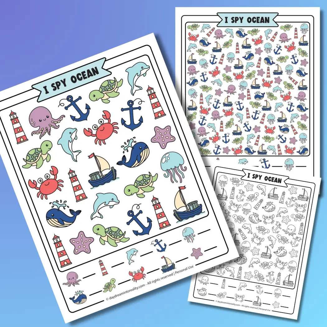 Ocean I Spy printable PDF featuring sea animals and ocean objects with color and black and white worksheets for preschool, kindergarten, and early elementary kids.