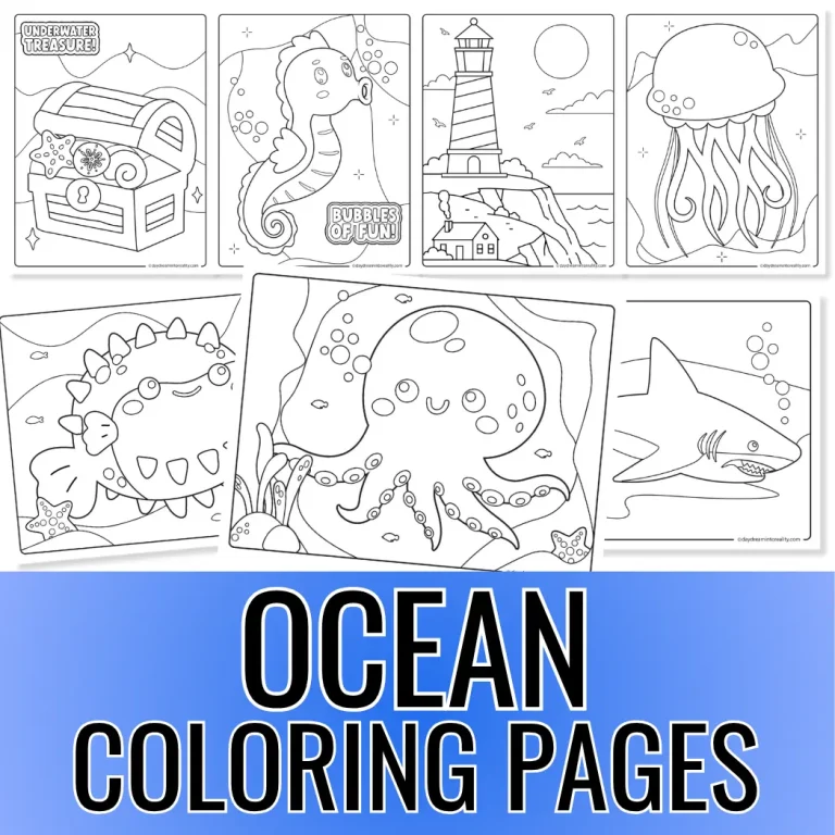 Free printable ocean coloring pages for kids featuring sharks, whales, dolphins, octopuses, and other sea animals and scenes.