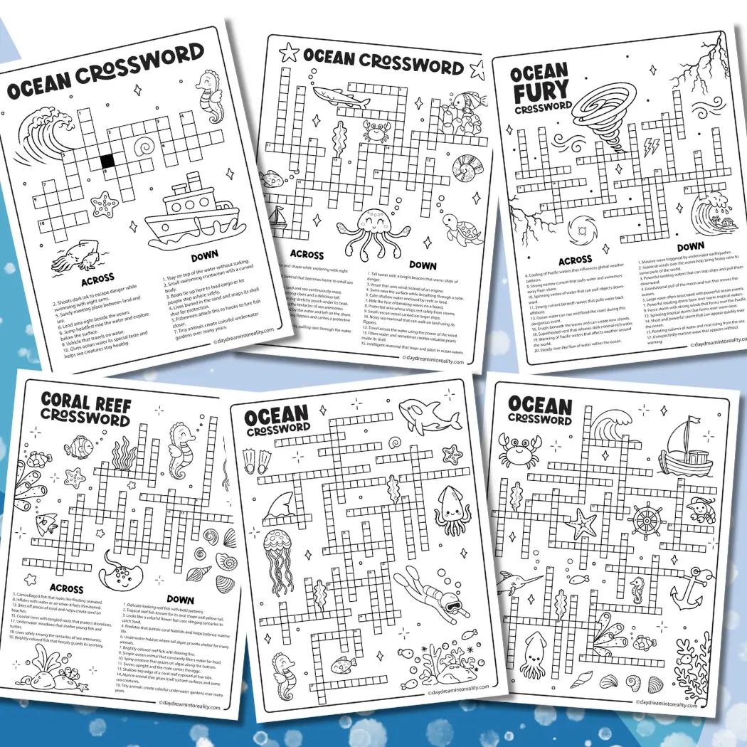 15+ free printable ocean crossword puzzles in PDF format featuring marine life, sea animals, coral reefs, deep sea creatures, ocean predators, ocean sports, waves, beaches, and more for kids and adults.